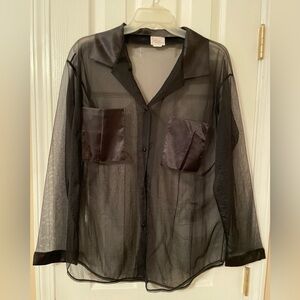 Sheer black sexy shortie nightshirt with satin trim and long sleeves